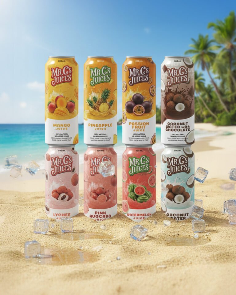 This image is a vibrant, sun-drenched promotional shot for "Mr. C's Juices," featuring eight tall cans of flavored beverages stacked in two rows on a tropical beach. The top row showcases warm, golden tones with flavors like Mango, Pineapple, Passion Fruit, and a unique Coconut Water with Chocolate. The bottom row offers a cooler, pastel palette featuring Lychee, Pink Avocado, Watermelon, and classic Coconut Water. Each can is adorned with realistic illustrations of the fruit splashing into juice, giving the packaging a dynamic and refreshing feel.