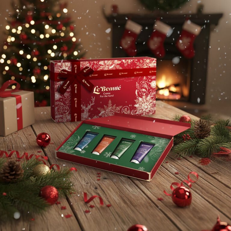 a festive holiday gift set from the brand "Le Beauté," specifically featuring a "Creme For the hand" collection. A large, ornate red gift box stands vertically, wrapped in a matching red ribbon with a decorative bow. Resting in front of it is an open flat box revealing four individual hand cream tubes in distinct colors: blue, orange, green, and purple. The packaging is rich with seasonal details, including white floral and reindeer illustrations that contrast beautifully against the deep red background.